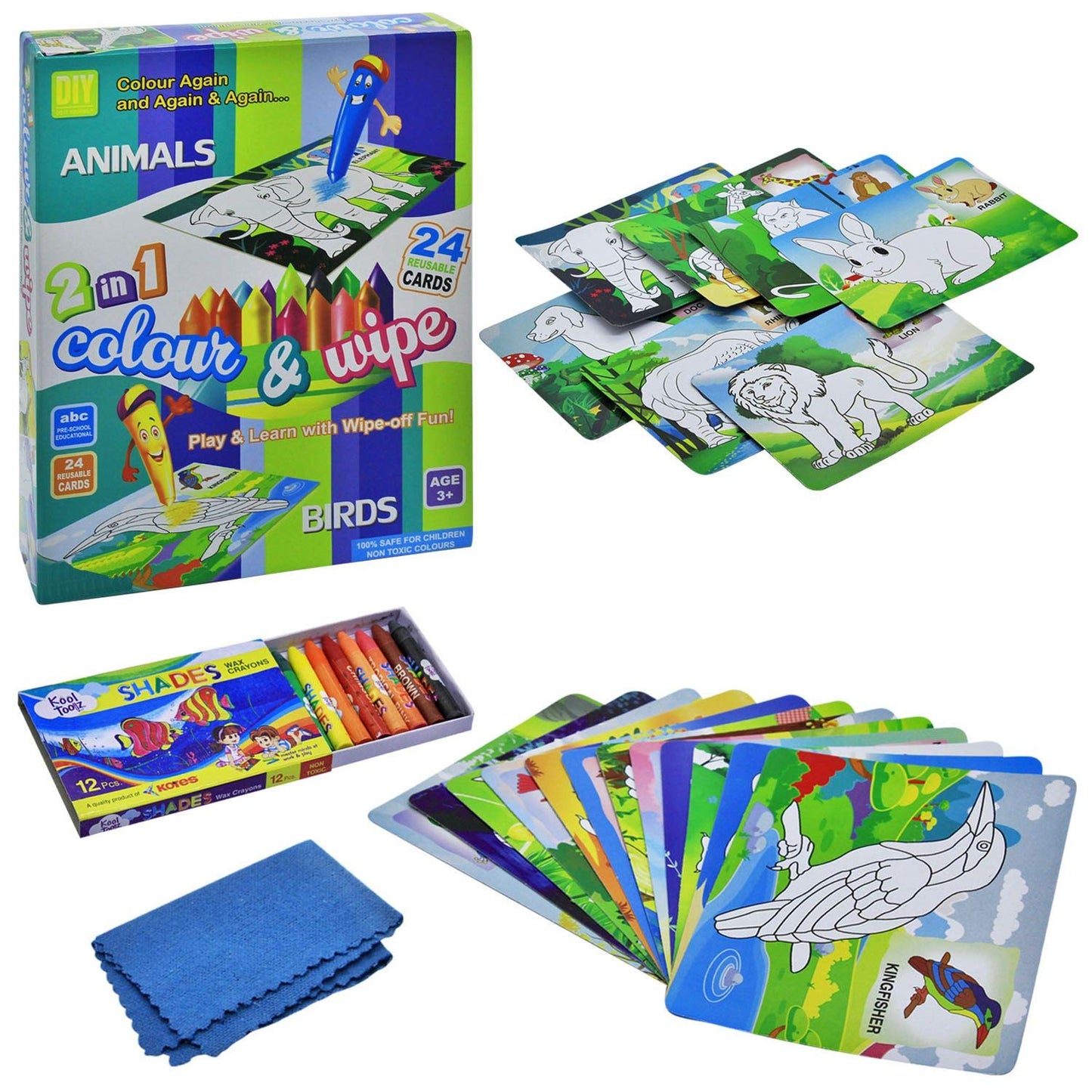 Color & Wipe Kit l Animals And Birds For Age 3+1 24 Reusable Cards
