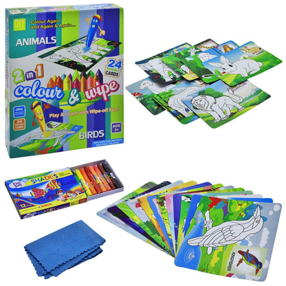 Color & Wipe Kit l Animals And Birds For Age 3+1 24 Reusable Cards