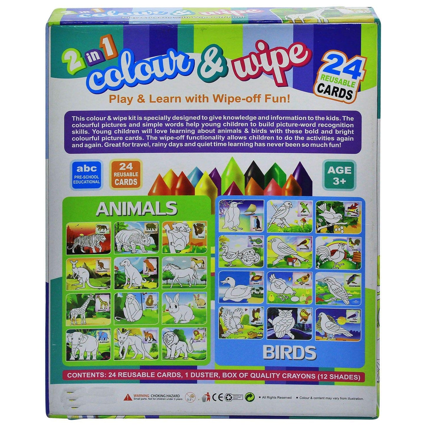 Color & Wipe Kit l Animals And Birds For Age 3+1 24 Reusable Cards